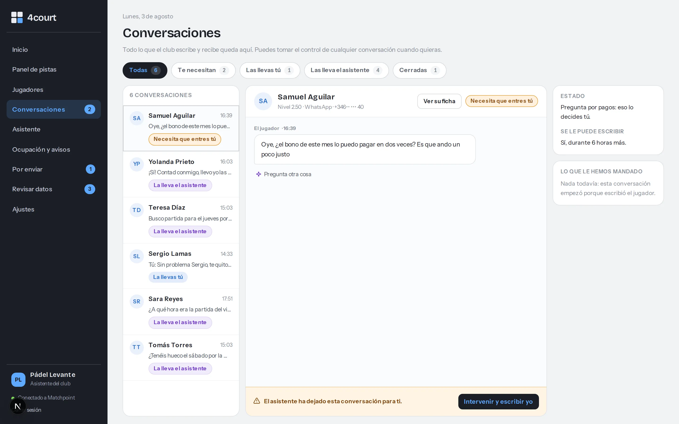 The AI4Padel conversations screen with every thread labelled by who handles it