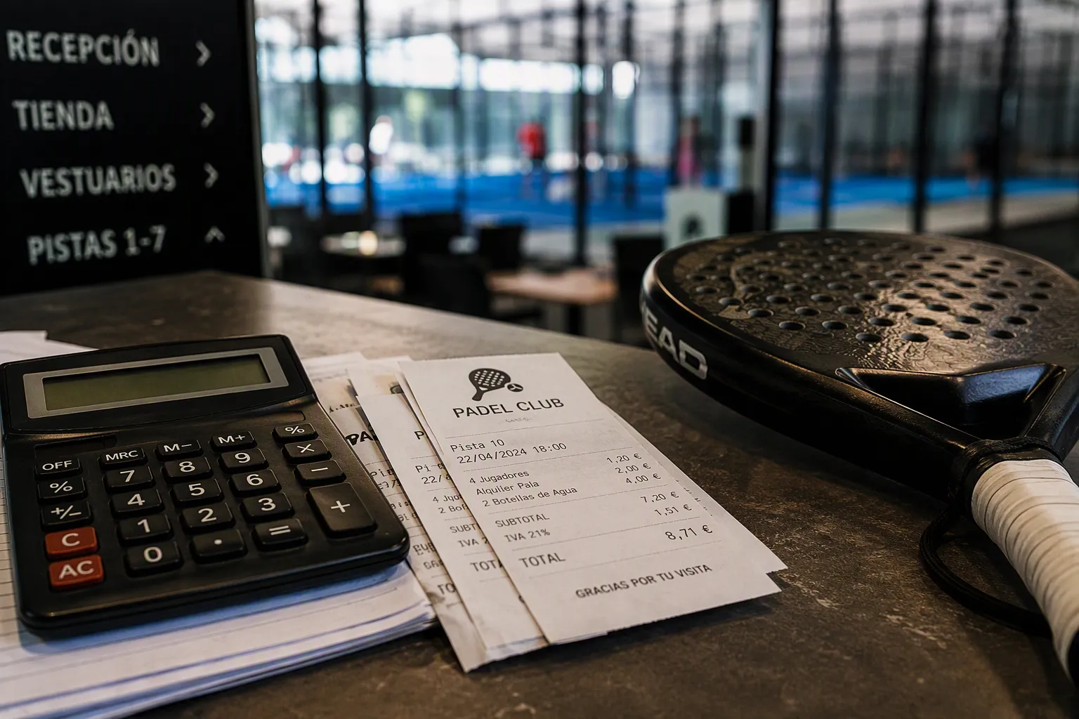 A calculator and printed receipts on the reception desk of a padel club