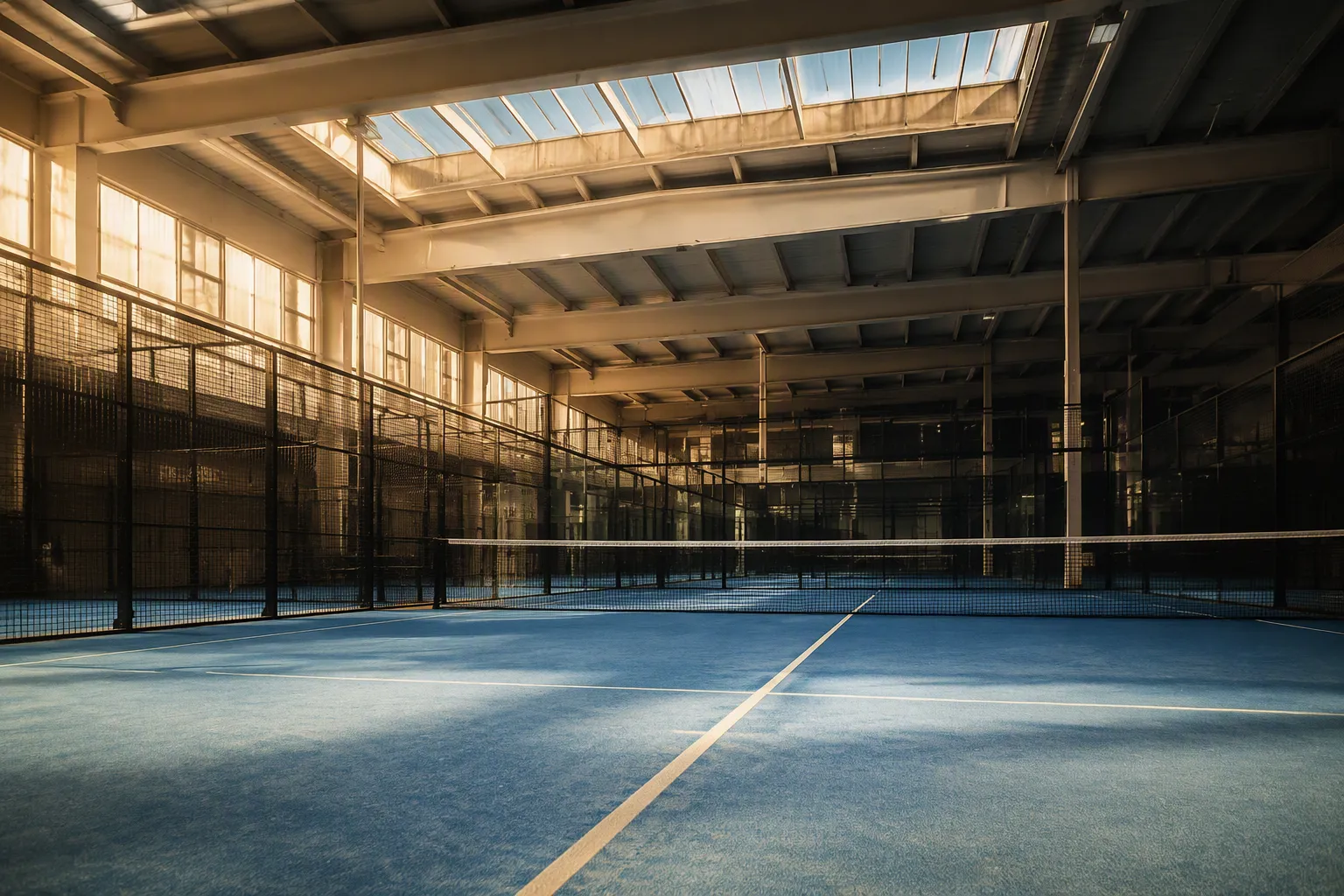 Pista de pádel indoor vacía con luz cálida de tarde