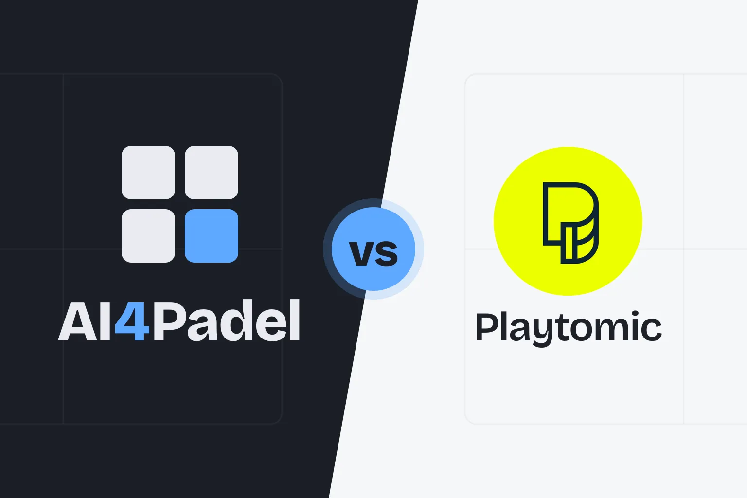 Portada de la comparativa: la marca de AI4Padel sobre fondo tinta frente al logo de Playtomic, con un chip «vs» azul sobre la diagonal