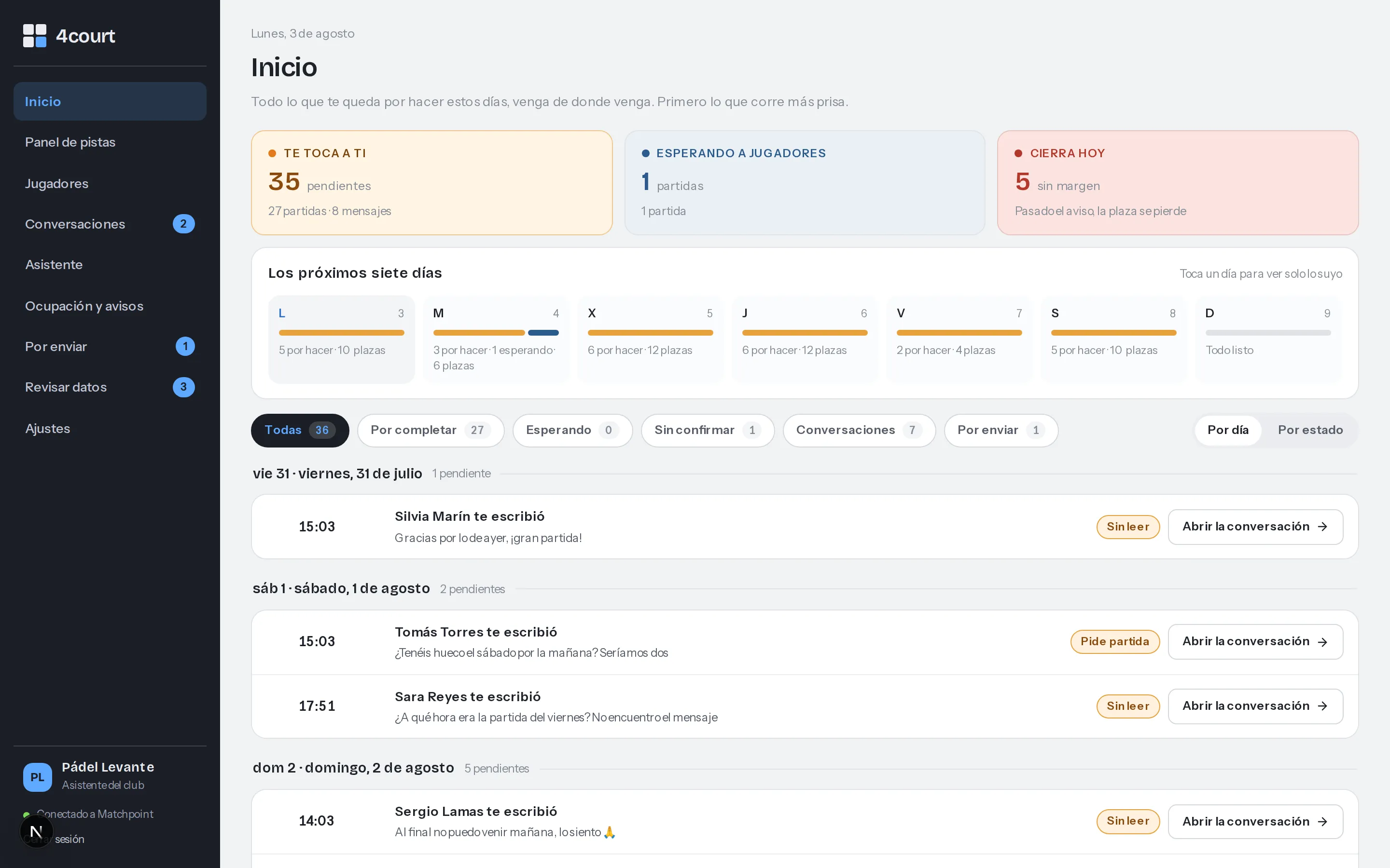 The Inicio home screen with the day’s pending work: what’s on you, what’s waiting on players, and what closes today